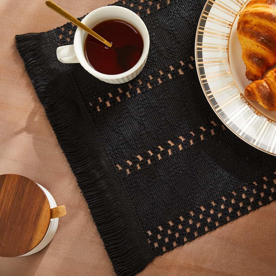 ZeeMart Macrame Style Boho Placemats Set of 4, Black 12x20 Inch