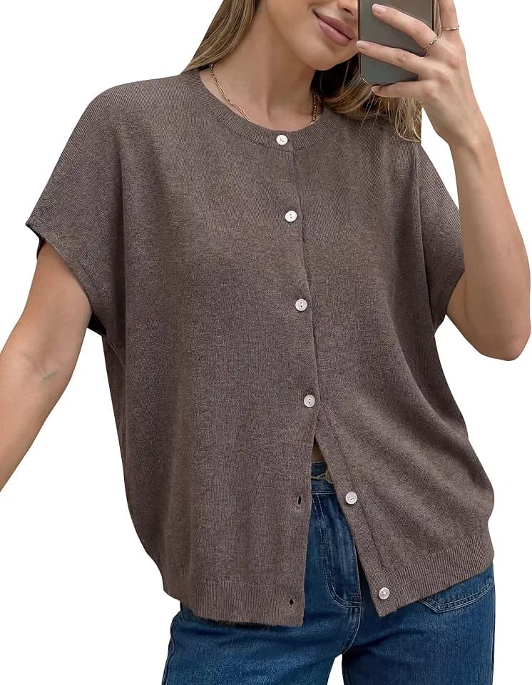Arach&Cloz Women's Wool Blend Oversized Batwing Short Sleeve Cardigan