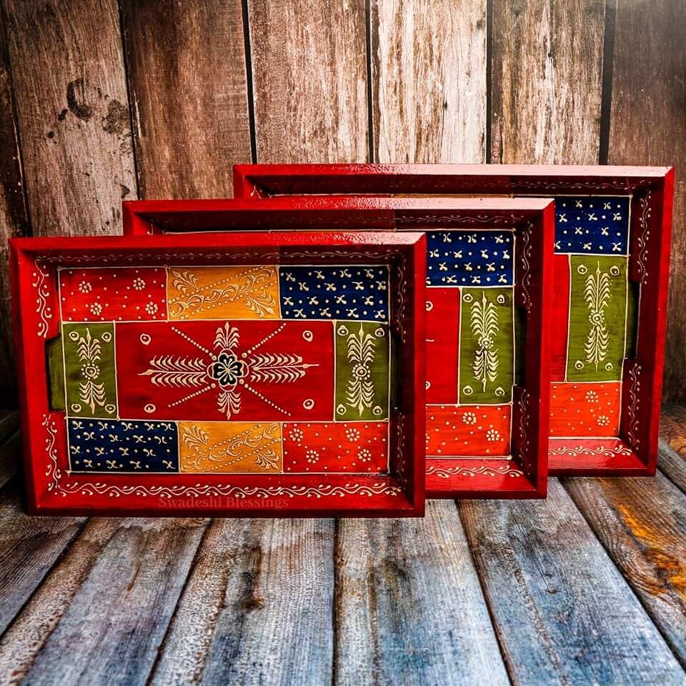 Swadeshi Blessings Hand-Painted Wooden Serving Tray Set of 3, Antique Red