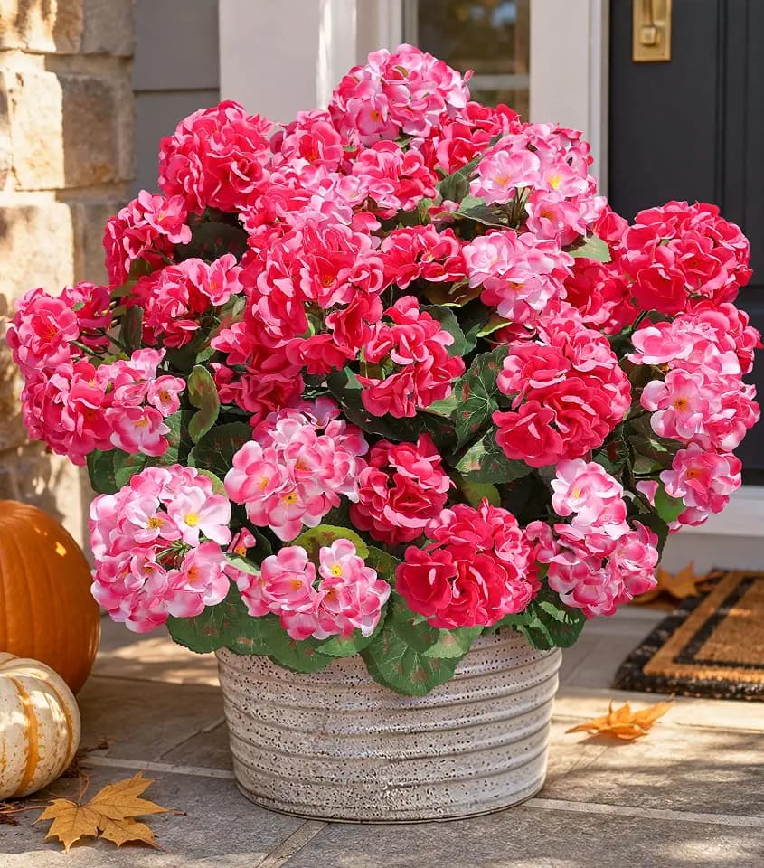 Artificial Geranium Fake Flowers for Outdoors Decoration, 6 Bundles Silk Geraniums Flower UV Resistant Look Real Faux Plants for Front Door Garden Porch Planter Patio Balcony Yard Indoor Home, Mix
