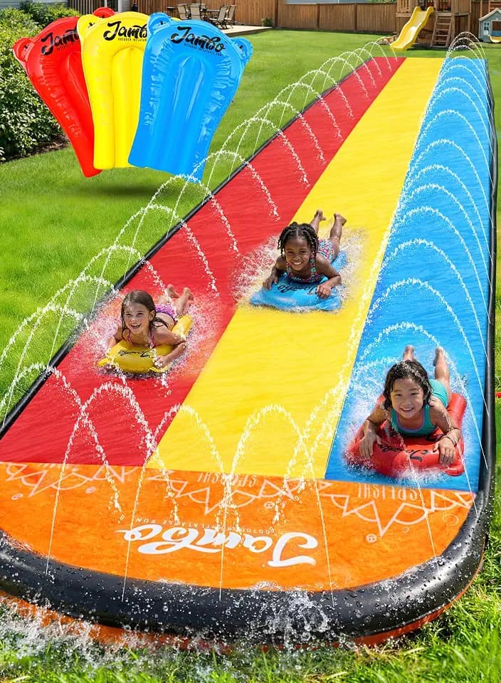 JAMBO 22.5ft Triple Lane Slip Splash and Slide with 3 Bodyboards with Built in Surround Sprinkler for Backyard Outdoor Water Fun for Kids
