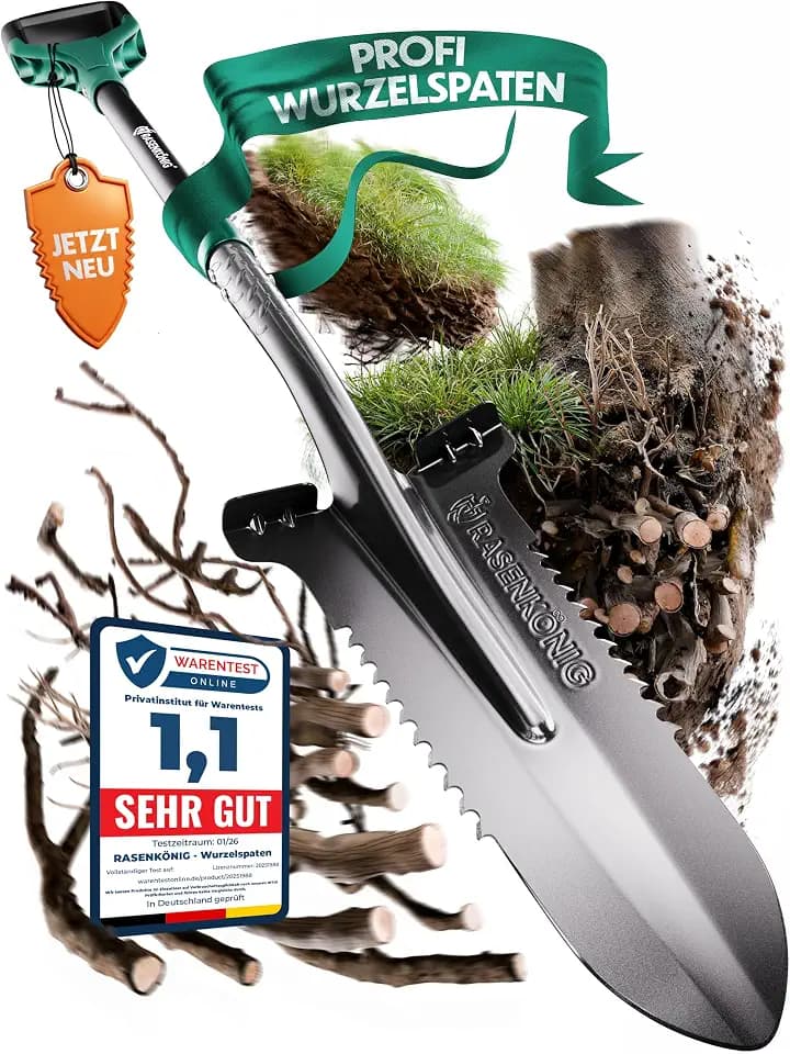 Spaten mit Wurzelsäge Pro [Massivstahl] Wurzelspaten für die Gartenarbeit | mit 20 Sägezähnen, ergonomischem Griff & breiter Trittkante | Stabiler Gartenspaten für leichteres Graben