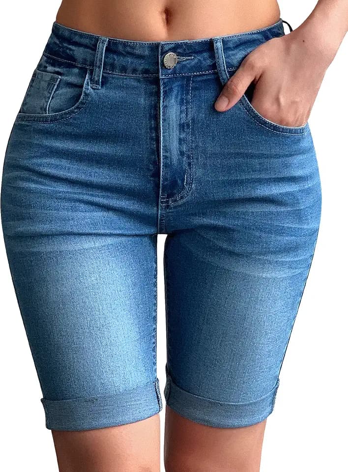 roswear Womens Mid Rise Roll Cuff Bermuda Stretch Denim Jean Shorts