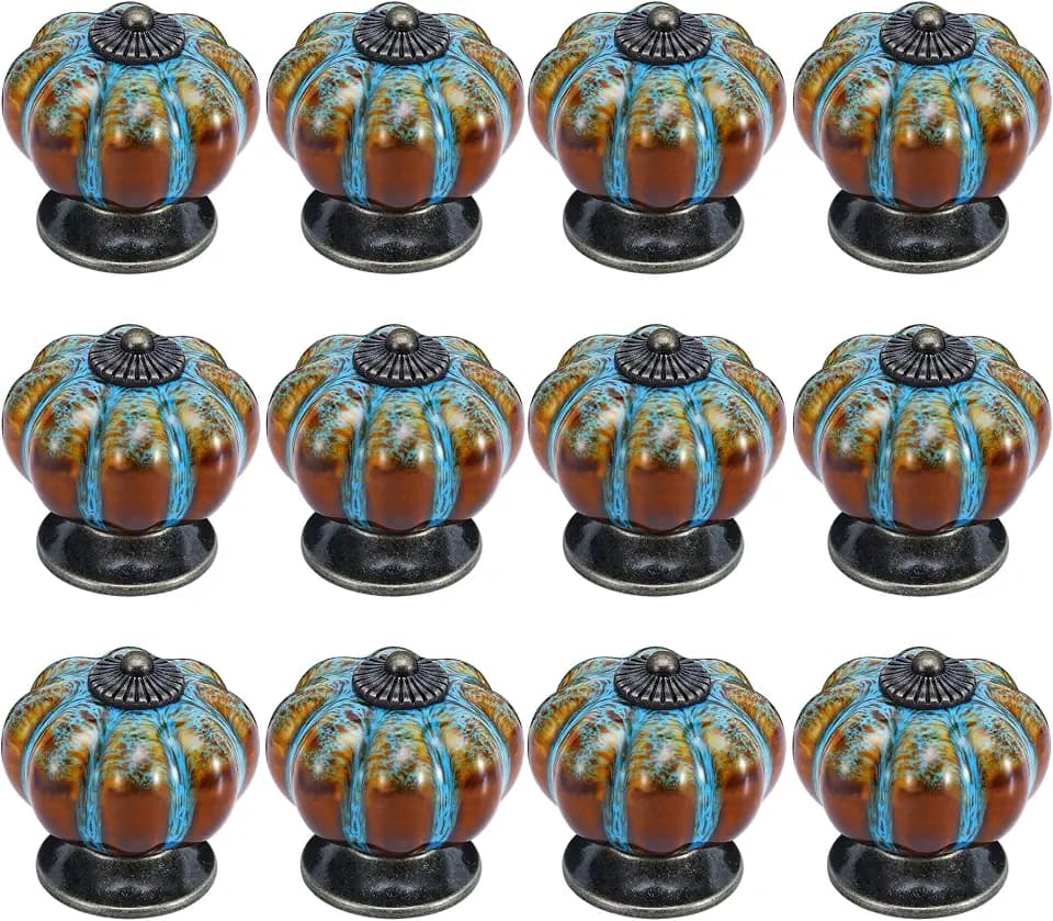 Cabinet Knobs 12 Pack Glazed Ceramic Knobs with Pumpkin Shape for Decor Door Pull Handle for Vintage Cabinet Drawers, Closets, Cupboard (Blue)