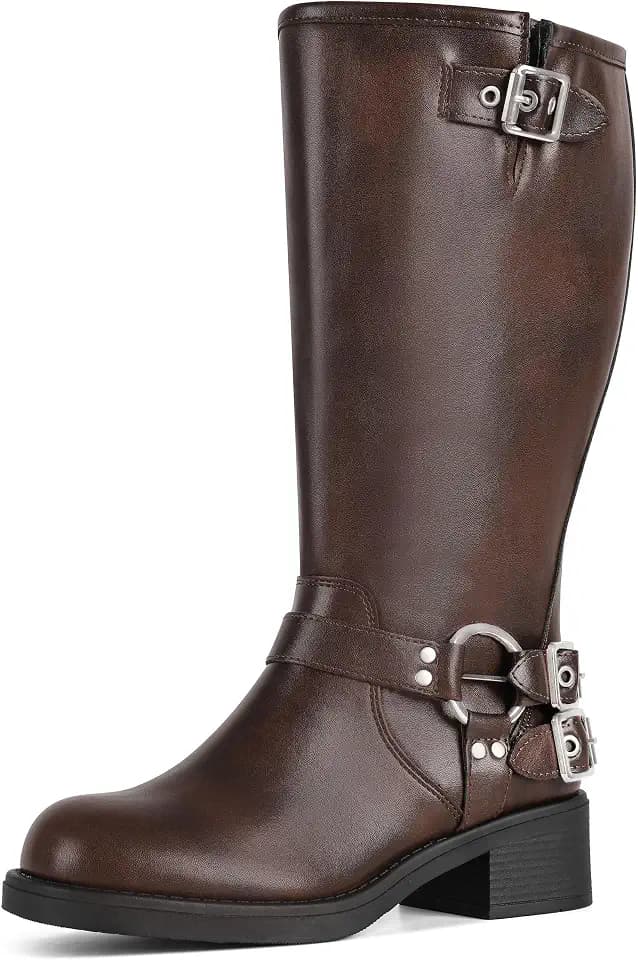 AMINUGAL Wide Calf Knee High Boots for Women Moto Buckle