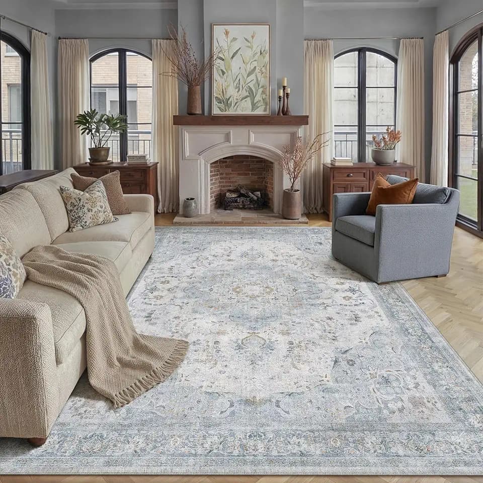 PureCozy Vintage Teppich Wohnzimmer Waschbarer 200x300cm Teppiche Blau