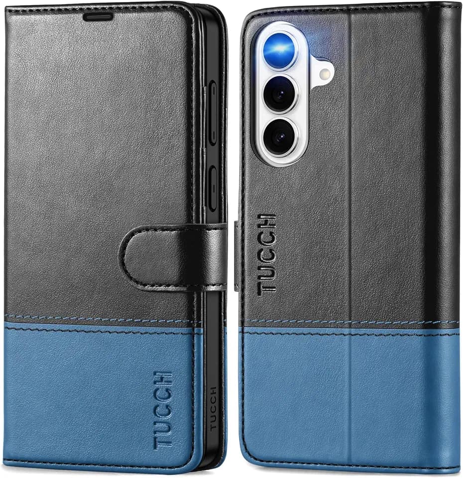 TUCCH Wallet Case for Galaxy S26+ Plus, 4 Card Holders, Black & Light Blue