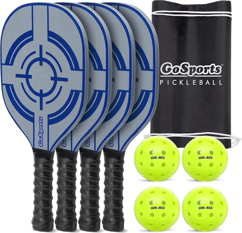 GoSports Pickleball Sets - Classic, Retro, Steel Blue, or Yellow - Includes 4 Paddles, 4 Regulation Pickleballs and Carry Case