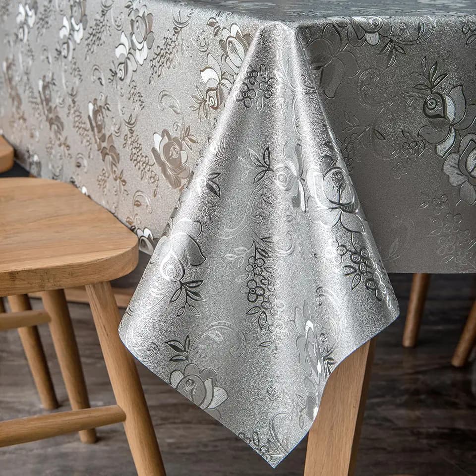FAVE Silver Tablecloth Heavy Duty Vinyl Tablecloth Waterproof Oil-Proof