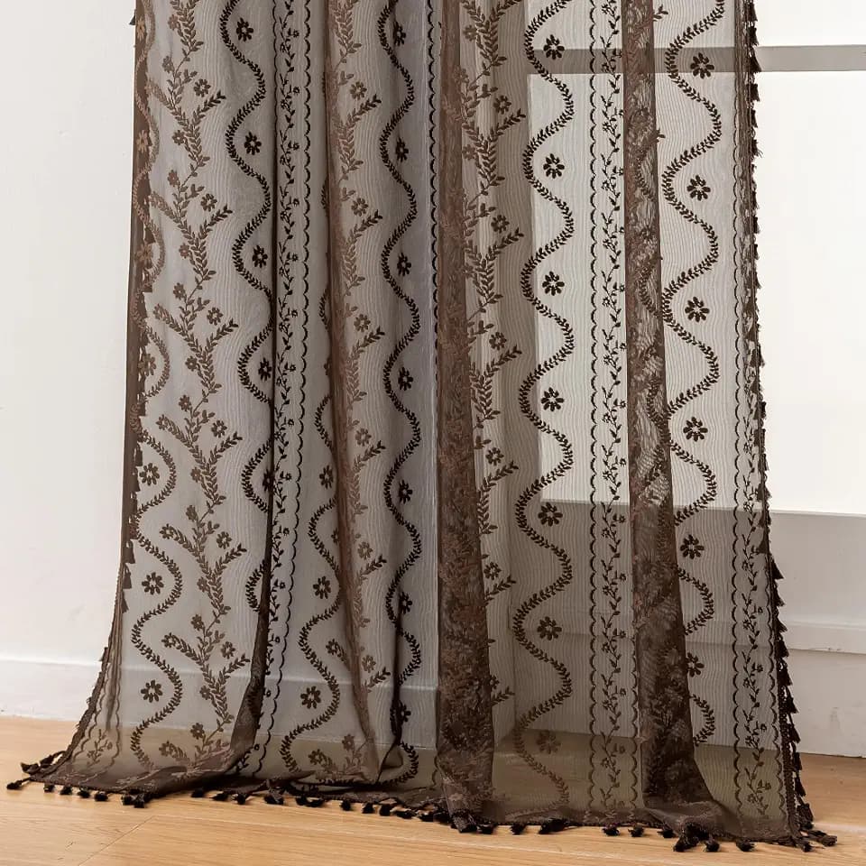 WAZZIO Boho Lace Curtains 2 Panels 84 Inch -Victorian Sheer Panel Drape French Country Floral Pattern & Tassel Light Filtering Privacy for Bedroom Dining Living Room,Rustic Style,Brown,W52x L84