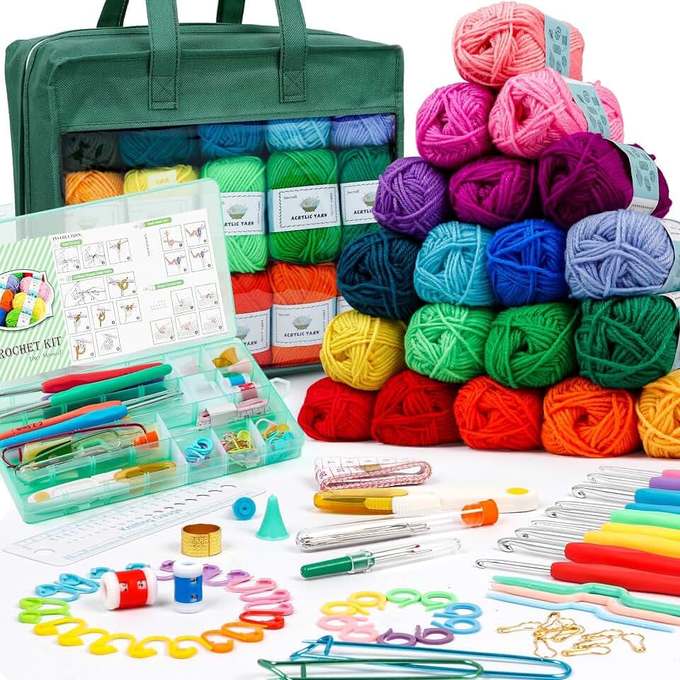 INSCRAFT Crochet Yarn Kit for Beginners Adults and Kids, Includes 1650 Yards 30 Colors Acrylic Skeins, User Manual, Hooks, Dark Grass Bag etc, Make Amigurumi & Projects, Starter Set for Professionals