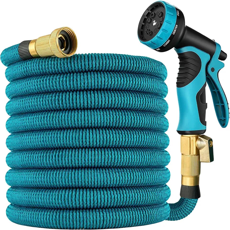Expandable Garden Hose 50 ft with 10 Function Nozzle Sprayer, Lightweight Flexible Water Hose with Durable Collapsible Latex Core & Solid Brass Fittings, 50ft Retractable Stretch Hose, Blue