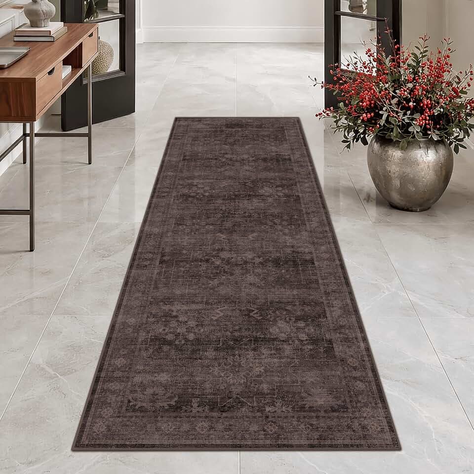 Washable 2x6 Runner Rug for Hallway, Dark Taupe Brown Low Pile Non-Slip Long Kitchen Runner Rugs for Bathroom Laundry Room, Boho Vintage Traditional Eclectic Stain Resistant Carpet