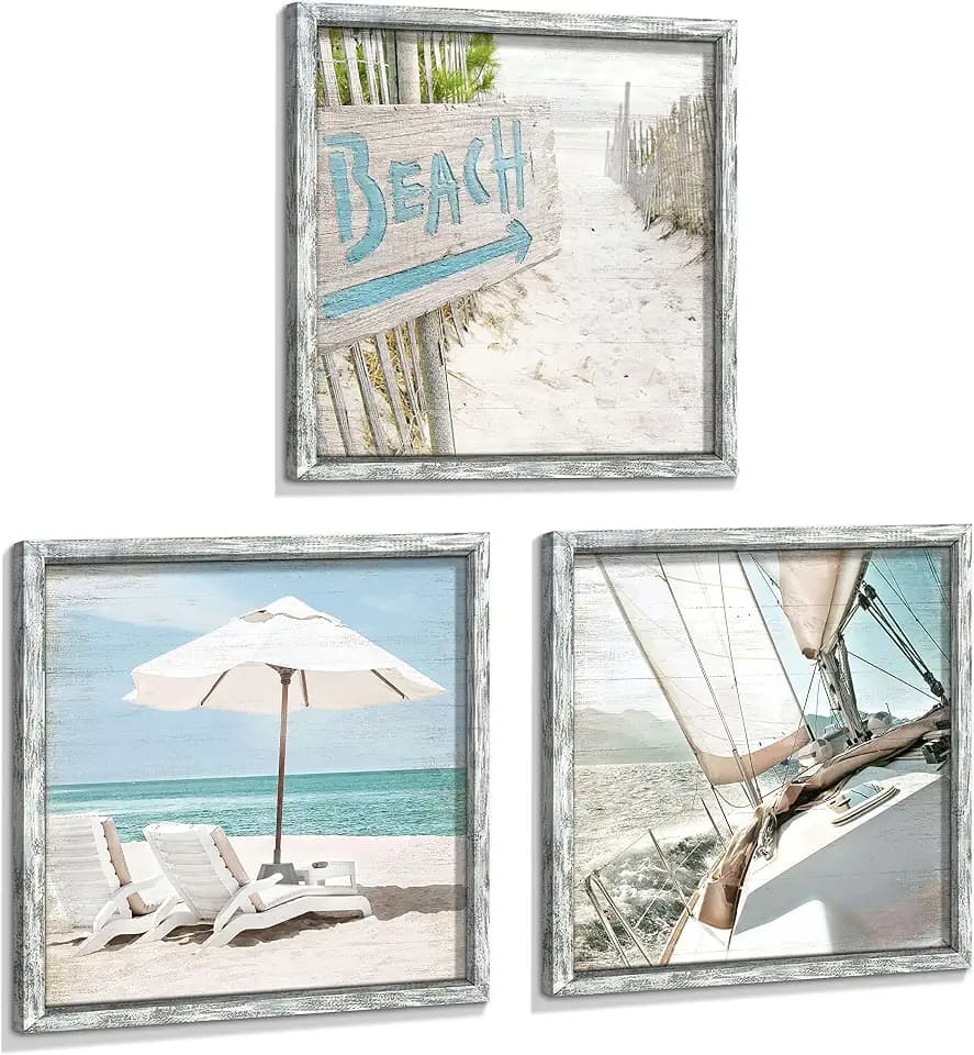 Coastal Framed Wooden Wall Art: Ocean Pictures Sailboat Art Prints Beach Artwork Collection Set of 3 Seascape Decorations for Home