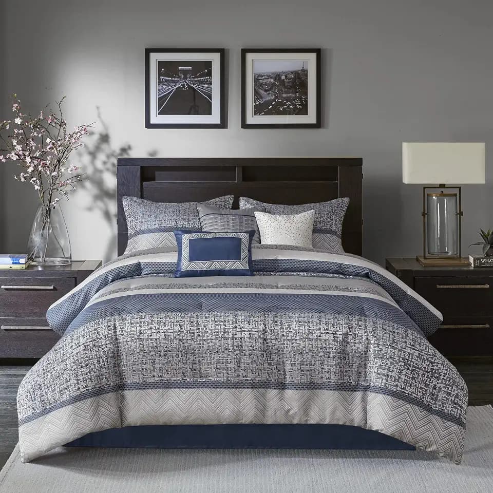 Madison Park Traditional Jacquard Navy King Comforter Set, 7pc