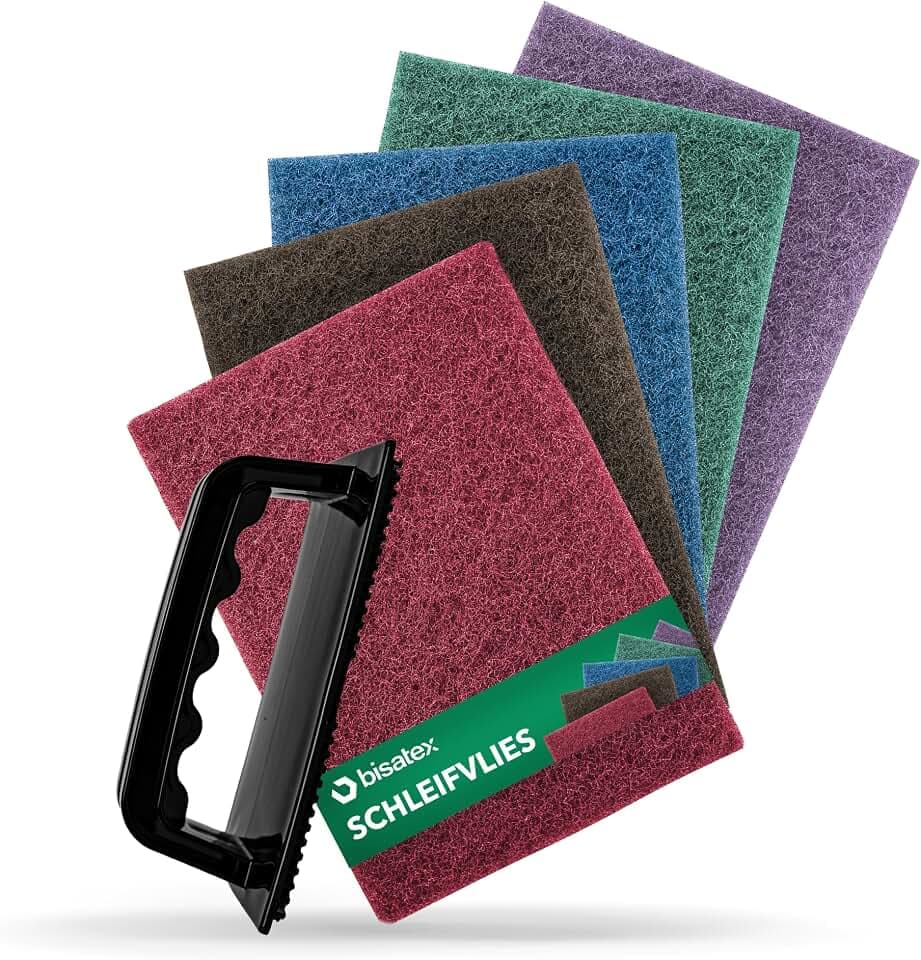 Schleifvlies 5er Set verschiedene Körnungen P100-800 - Langlebige & zuschneidabre Schleifpads in 155 x 210 mm (5er Set Schleifvlies) (5er Set + Halterung)
