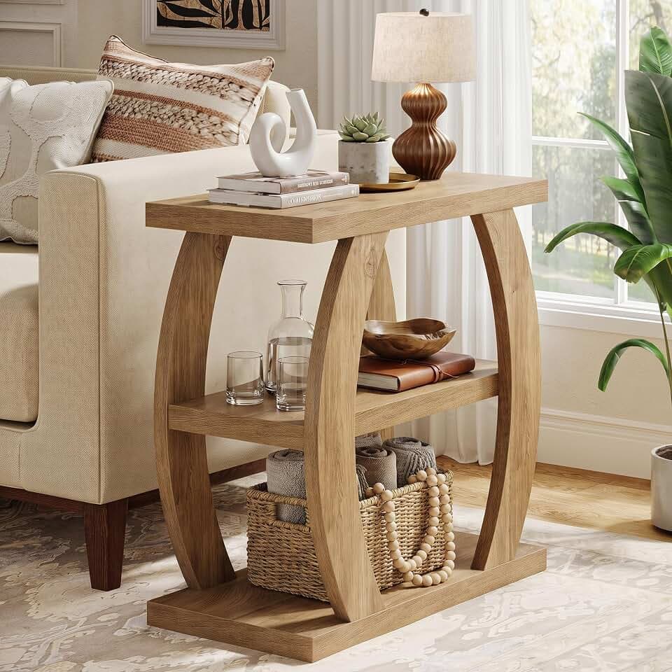 LITTLE TREE Beistelltisch mit 3 Ablageflächen, schmaler Konsolentisch Holz, Stabiler Sofatisch, multifunktionaler Endtisch für Wohnzimmer Schlafzimmer Flur Eingangsbereich, Natürlich