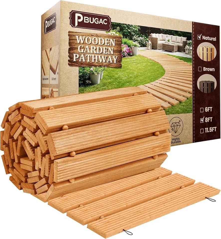 8FT Wooden Garden Pathway, Roll Out Walkway, Natural