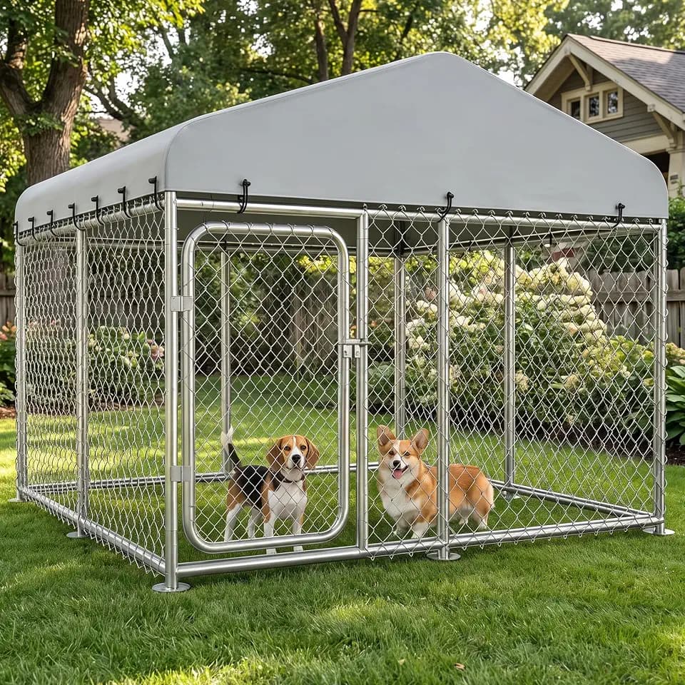 COMHOMA 7.55×7.55FT Outdoor Dog Kennel with Roof,Heavy Duty Metal Dog Enclosure with Weather-Resistant Cover & Secure Lock for Medium Large Dogs (Gunmetal, 7.55x7.55ft)