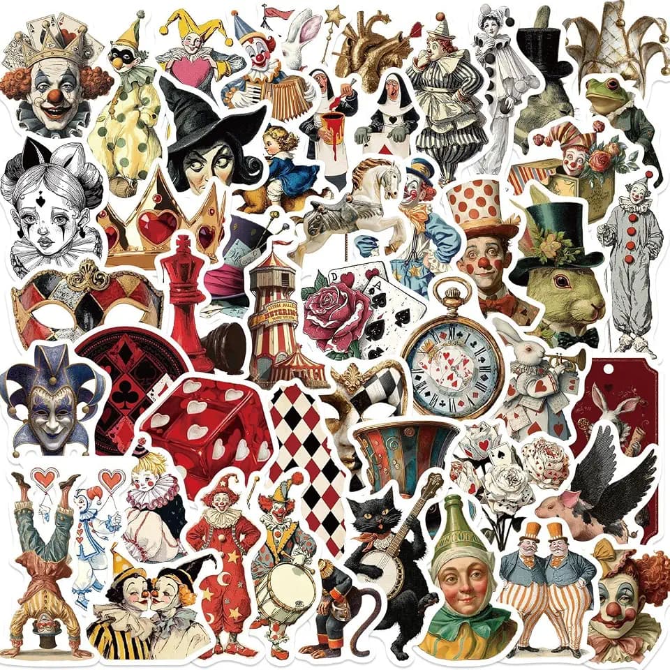 50PCS Vintage Circus Clown Dark Carnival Victorian Ephemera Stickers