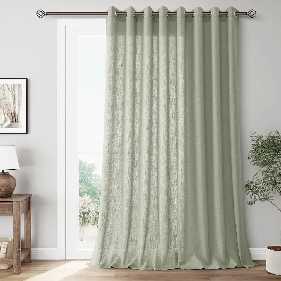 Extra Wide Sage Green 100 x 108 inch Linen Curtains for Dining Room Divider Semi Sheer Patio Light Filtering Soft Drapes for Sliding Door Elegant Farmhouse Floor to Ceiling Window Curtain Panel