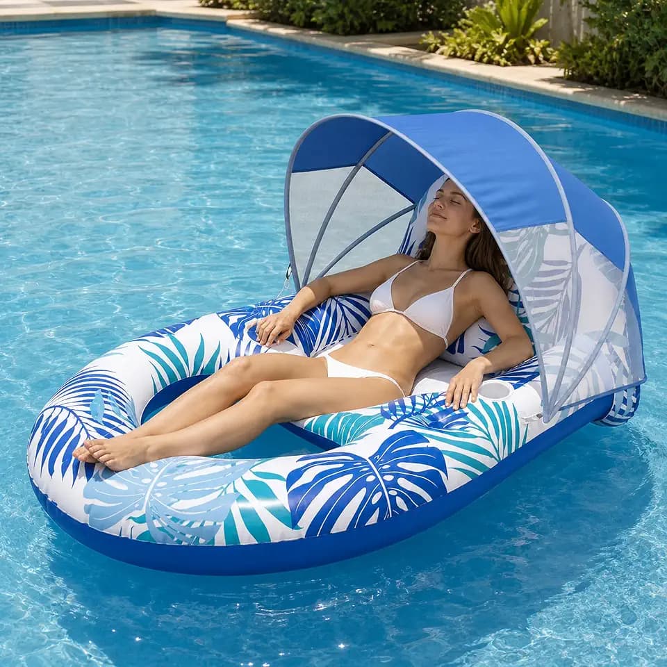 Pool Float for Adults with Canopy, Inflatable Chair Lounge Floaties with Adjustable Sun Shade Cover, Drink Holder, Ergonomic Headrest