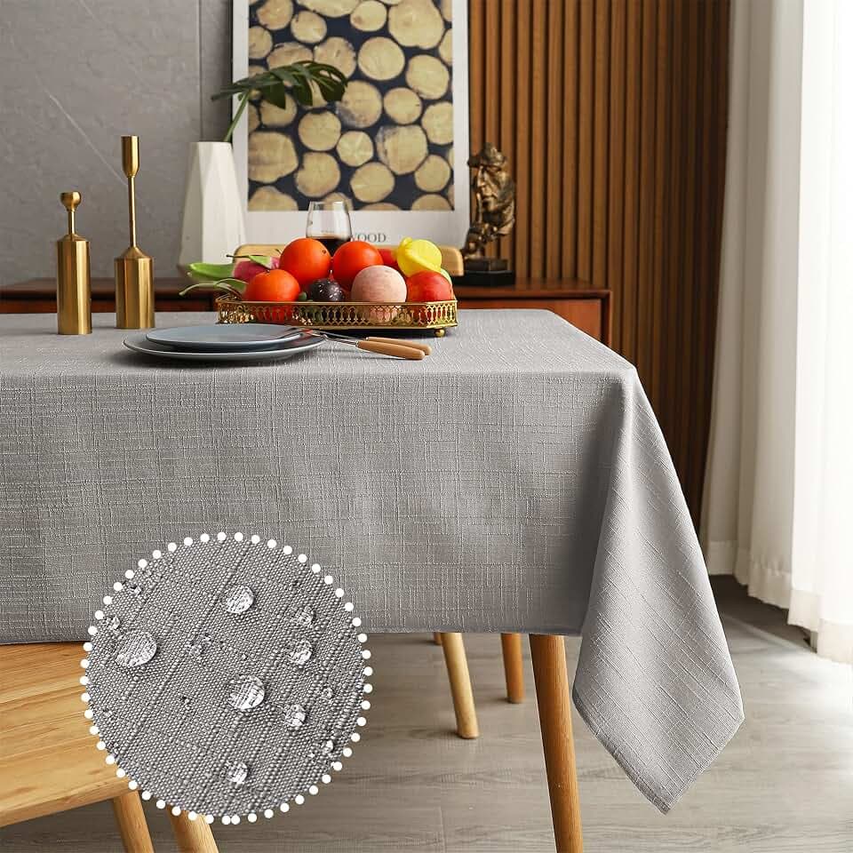 MikiUp Faux Linen Rectangle Tablecloth - Waterproof and Washable Slubby Textured Weaves Table Cloth, Indoor & Outdoor Table Cover for Kitchen Party and Banquets, Light Grey 58 x 120 Inch