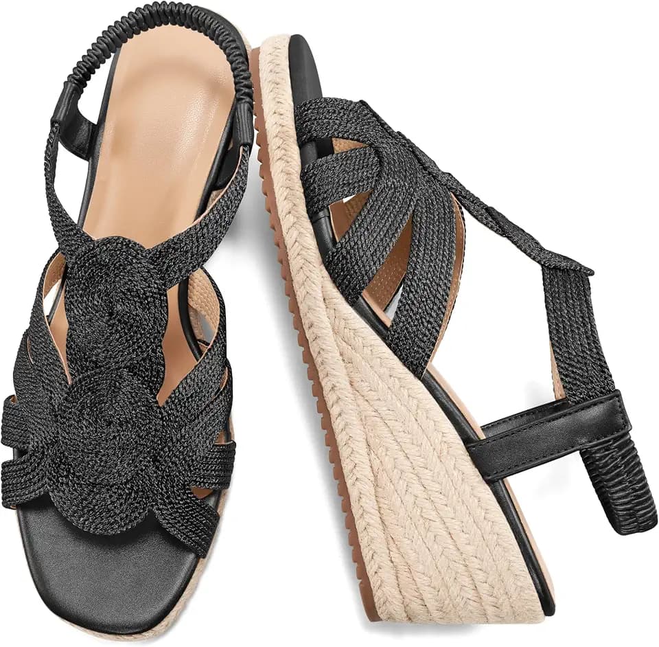 HARENCE Wedge Sandals for Women Espadrilles: Comfortable Platform Elastic Ankle Strap Wedges Heels Dressy Open Toe Summer Wedding Shoes