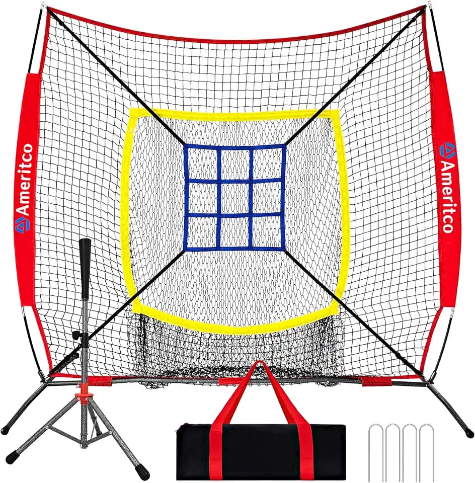 Baseball Net，7x7ft Baseball Practice Net with Tee and Target, Large Pocket Sports net for Hitting/Batting/Pitching/Throwing,Scratch Resistant Base, Versatile Use for All Levels