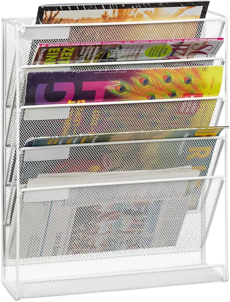Relaxdays Zeitschriftenhalter Wand, A4-Querformat, 5 Fächer, Metall, weiß