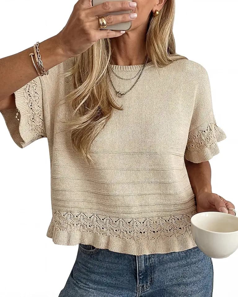 Women's Short Sleeve Sweaters Round Neck Cute Ruffle Hem Knit Crochet Pullover Tops Loose Casual Summer Blouse