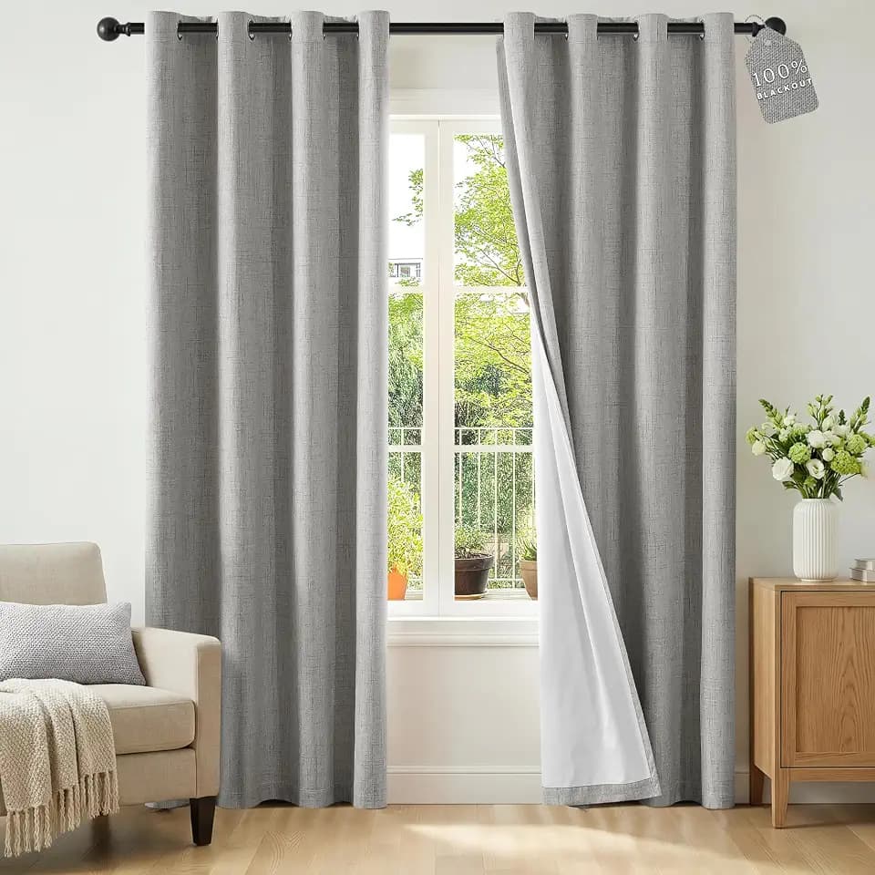 ChrisDowa Linen Curtains 84 Inch Long 100% Blackout Curtains for Bedroom