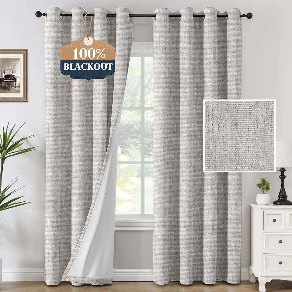 H.VERSAILTEX Chenille Linen Curtains 108 inches Long 100% Black Out Curtains, Textured Linen Look Draperies Grommet with White Flocking Coating Back, 2 Panels, Heathered Cloud(Not Solid)