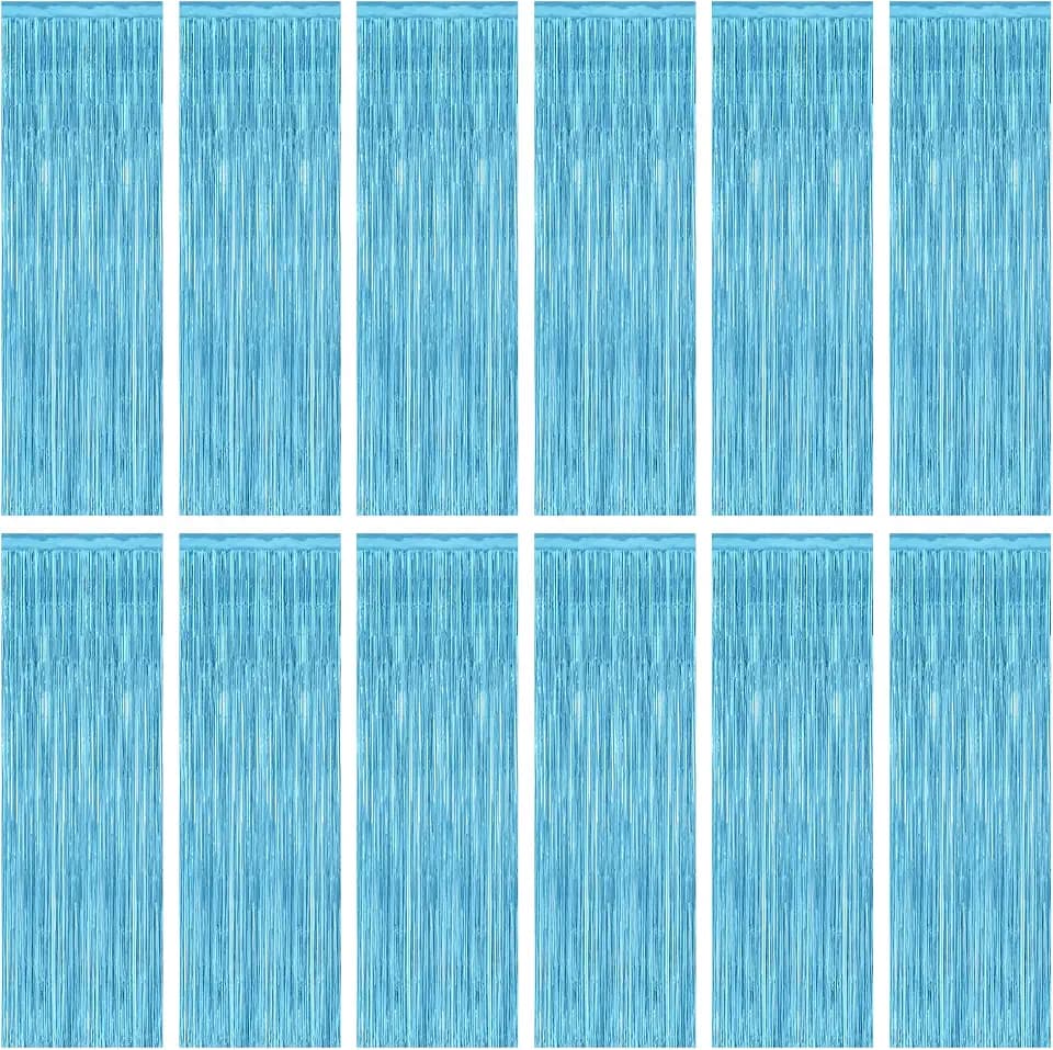 12 Pack Party Decorations, 3.28 FT x 7.05 FT Sky Blue Curtains, Metallic Party Streamers Photo Booth Backdrop Foil Fringe Curtains, Light Blue Winter Wonderland Backdrop Birthday Decor