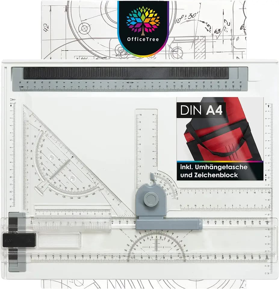 OfficeTree Zeichenplatte A4 mit Tasche für technisches Zeichnen | Zeichenbrett A4 inkl. Winkelmesser Geodreieck Schiebelineal & Zeichenblock - DIN A4 Zeichenplatte für Schule Studium und Büro
