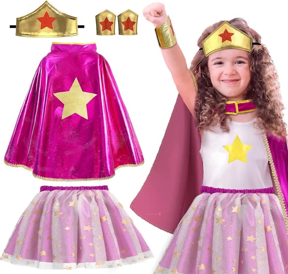 iROLEWIN Wonder Star Superhero-Costumes for Girls Dress-Up Super-Hero-Capes for Kids Tiara Tutu as Christmas Birthday Gifts