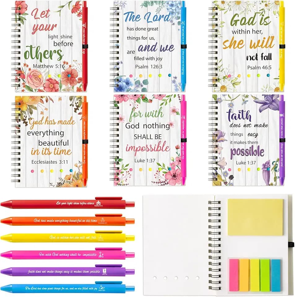 ANGOLIO Christian Bible Gift Set - Easter Spring 24 Mini Spiral Notebooks with Sticky Notes & 24 Pens, Religious Flowers Inspirational Stationery Bible Study Class Students Kids Birthday Holiday Gifts