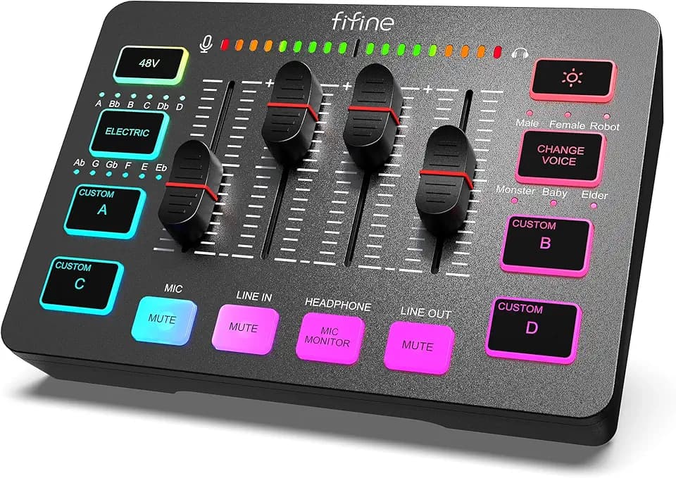 FIFINE Gaming Audio Mixer für PC, RGB Soundkarte für XLR Mikrofon, Audio Interface für Streaming Musiker, Mischpult für Gamer Creators Live YouTube, Individuelle Steuerung, Voice Changer