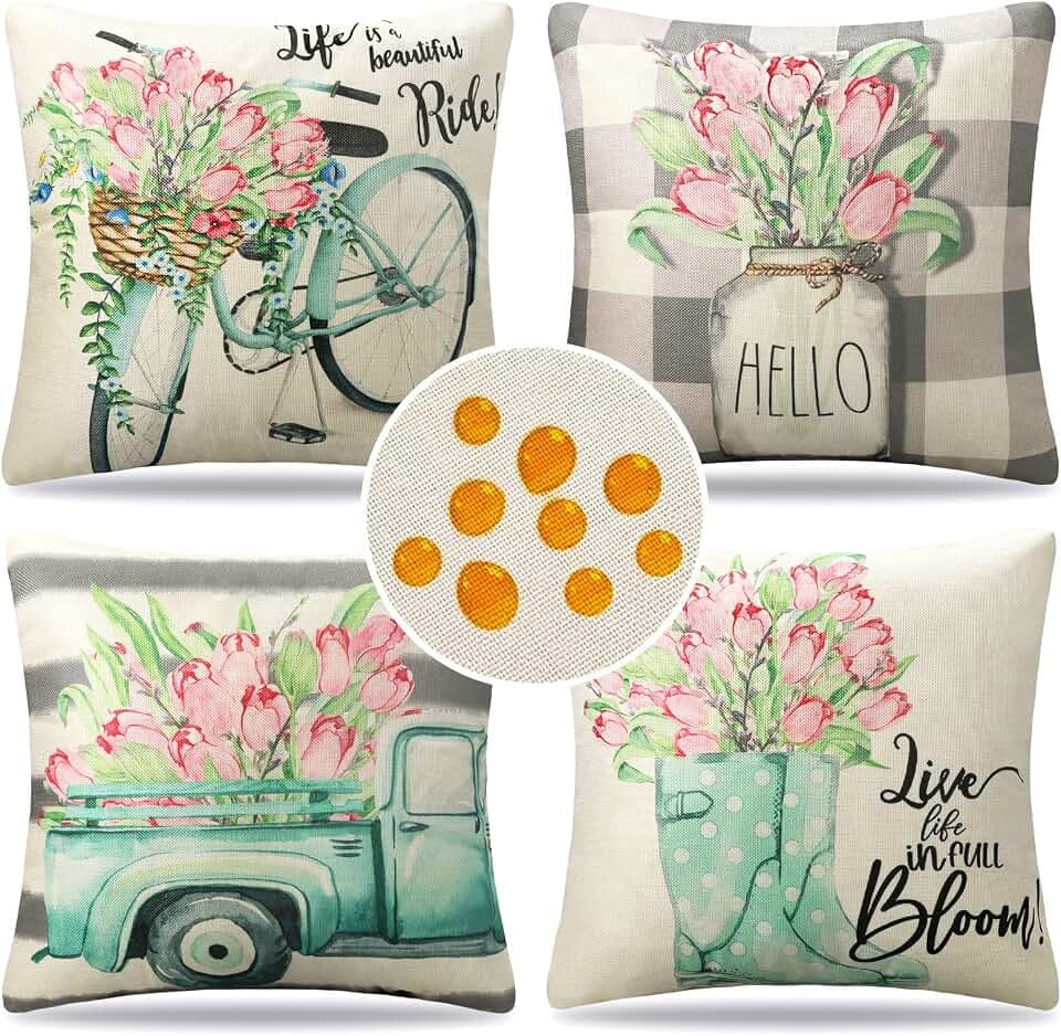 Serento Kissenbezug Outdoor Wasserdicht Sofakissen Frühling Sommer Blumen Dekokissen Kissenbezüge Dekorativ Kissen Kissenhülle Leinen für Garten Sofa Auto Wohnzimmer Bett 4er Set 50x50 cm
