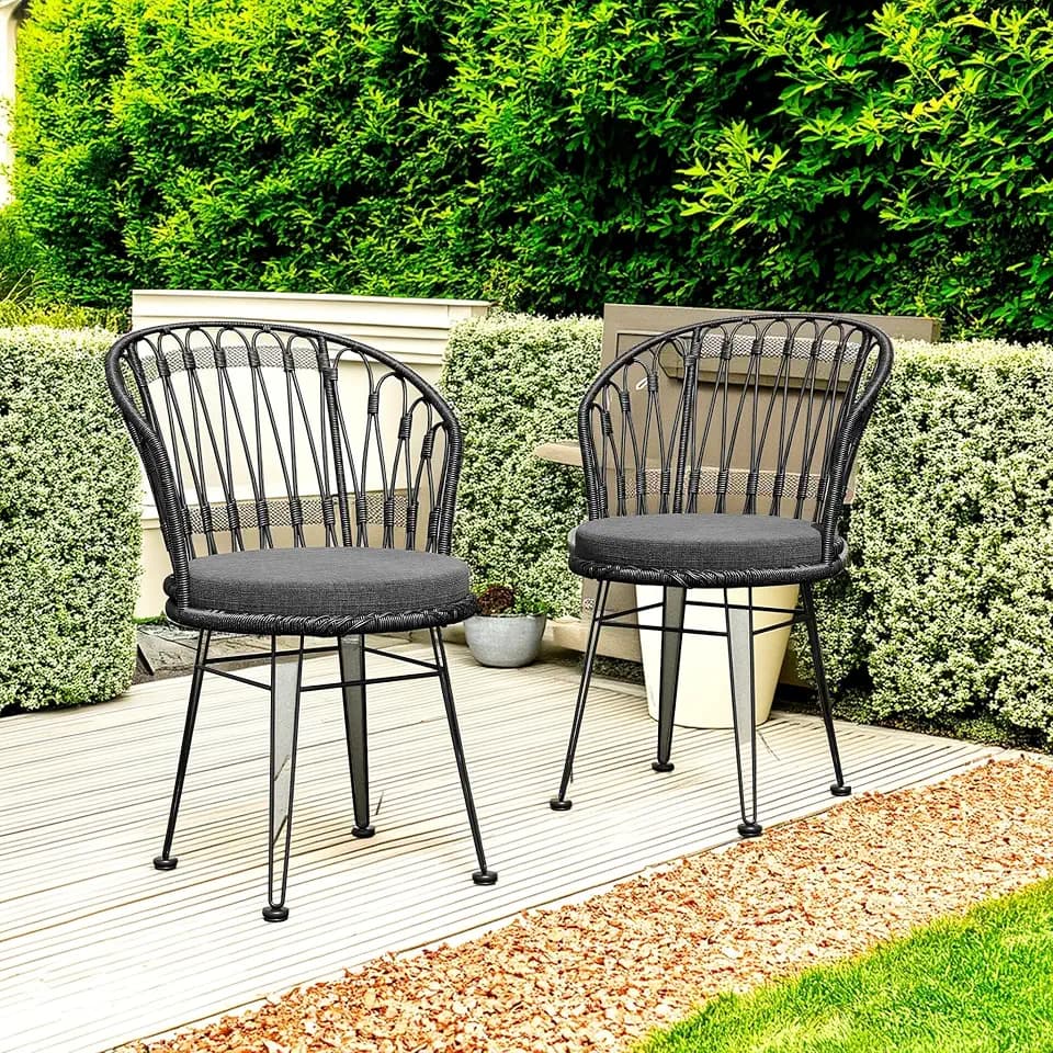 Christopher Knight Home Tavon Patio Dining Chairs Set of 2, Wicker Outdoor Bistro Chair Set, Armless Lounge Chair Outdoor with Iron Frame, Garden/Poolside Extra Seat with Cushion, Gray