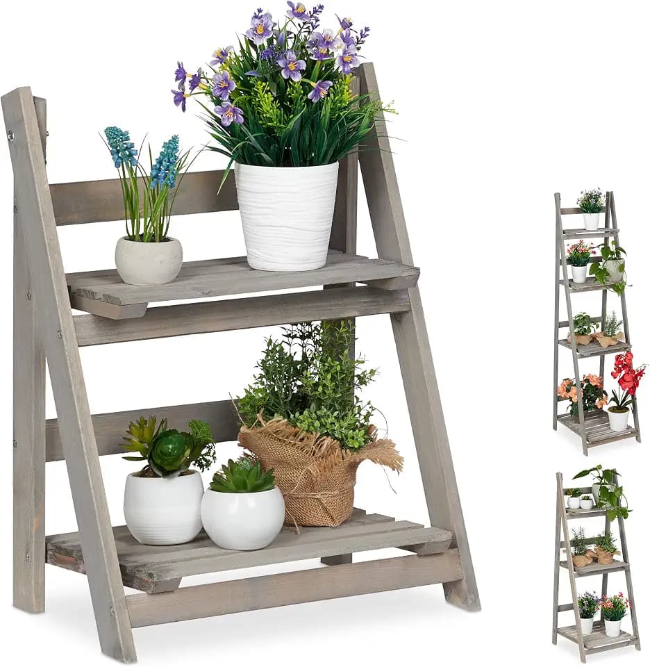Relaxdays Blumentreppe, mehrstufig, Blumenleiter Holz, klappbar, Leiterregal für Pflanzen, verschiedene Größen, grau