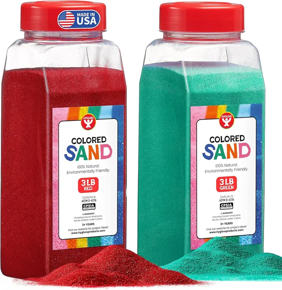 Hygloss Colored Sand for Crafts - 3 lb Bottle, Red and Green - Vibrant Colorful Fine Sensory Play Sand Art Kits for Kids - Classroom Activities for Children 3 4 5 6 7 8 9 10 11 12 - Safe for Ages 3+