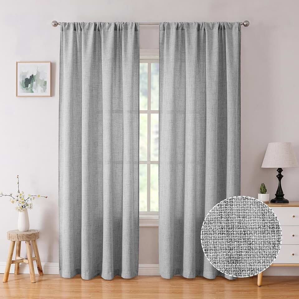 Tollpiz Linen Curtains Living Room Rod Pocket Semi Sheer Curtain Burlap Light Filtering Thick Linen Drapes for Bedroom, 54 x 95 inches Long, Silver Grey, Set of 2 Panels