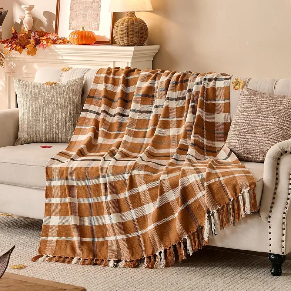 Lanpn Fall Plaid Throw Blanket, Cozy Soft Checked Blankets for Couch Sofa Bed, Decorative Acrylic Fall Throws with Fringe, Picnic Cashmere Like Shawl, Autumn Thanksgiving Home Decor Gift, 50x60, Khaki