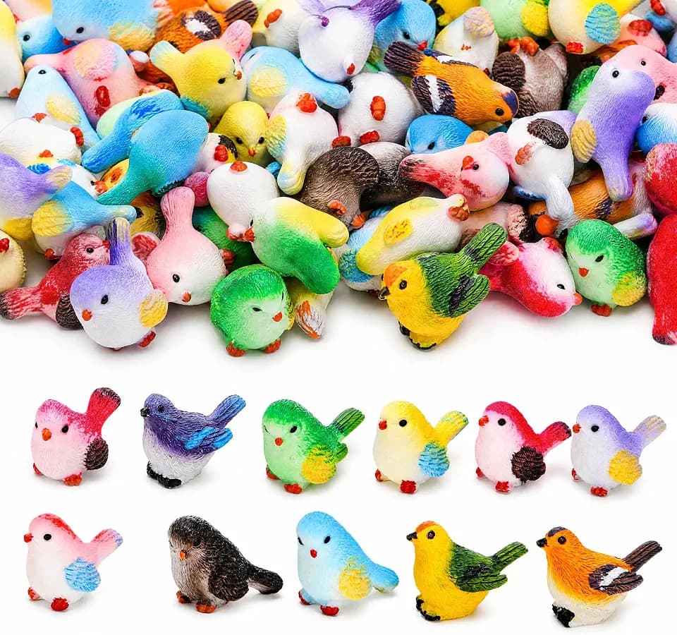 Pumtus 50 Pcs Mini Bird Figurines, 11 Styles Miniature Resin Birds