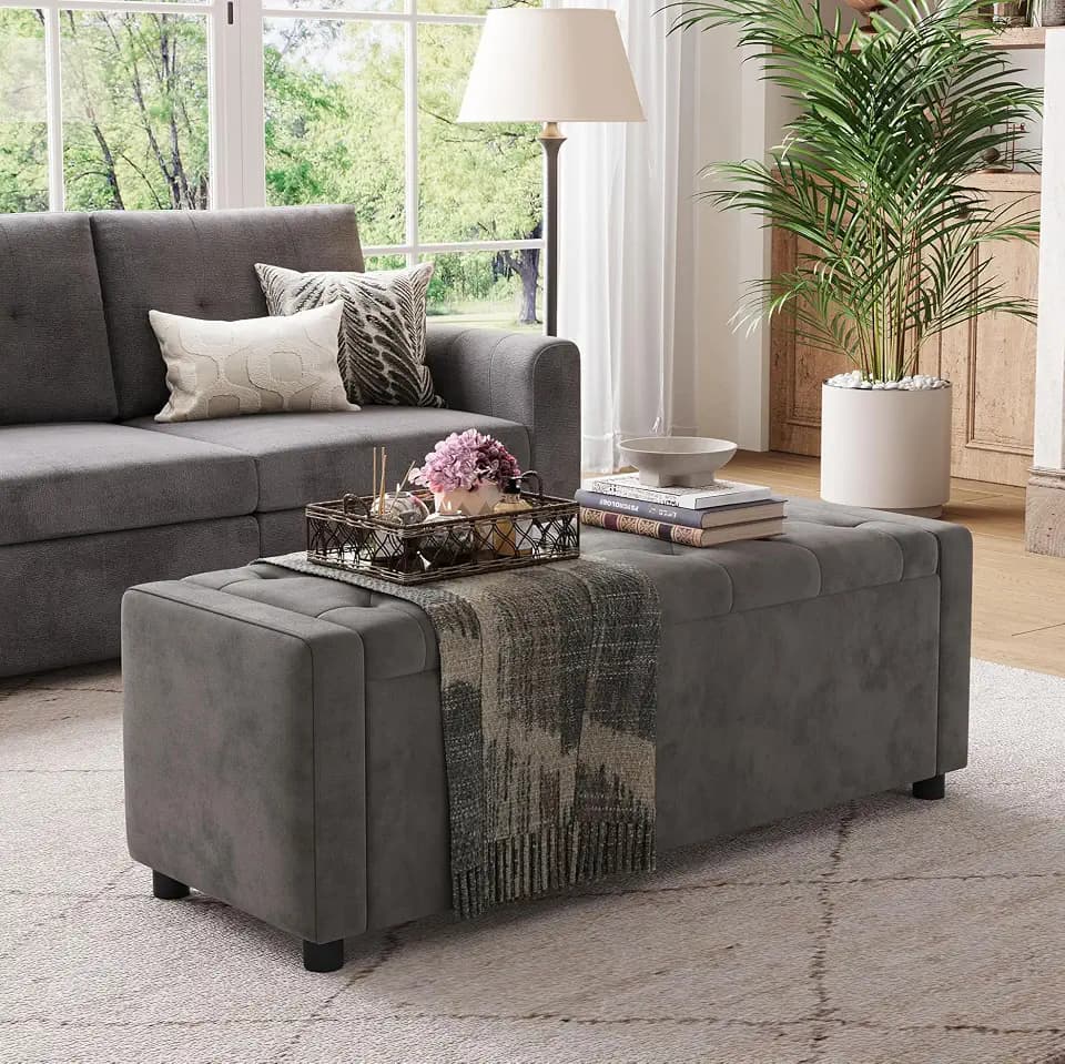 LINSY 50 Inches Wide Storage Ottoman Bench, Upholstered Foot Rest Stool, Long Bench Footstool, Couch Ottoman, Ottomans for Living Room, Entryway, End of Bed Storage Bench for Bedroom (Grey)