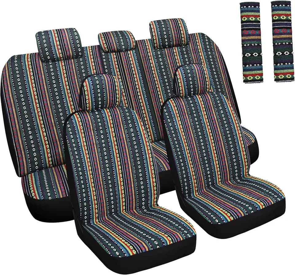 HAIYAOTIMES Baja Saddle Blanket Car Seat Covers Full Set with Seat Belt Pads, Washable Breathable Seat Covers for Cars, Universal Fit Interior Covers for Most Cars, Airbag Compatible, Red/Blue