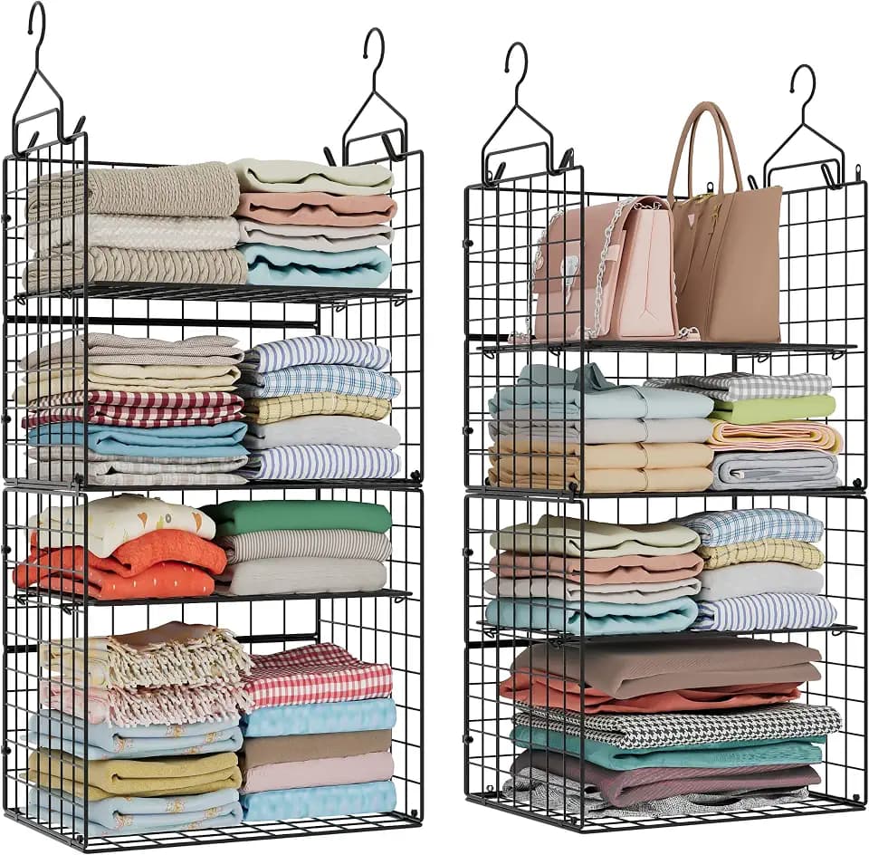8 Tier Widened Hanging Closet Organizer and Storage Shelves, Metal & Foldable Hanging Clothing Organizer Baskets with Adjustable Dividers for Sweaters Shoes Handbags,Black (D11.81"xW16.14"xH15.35")