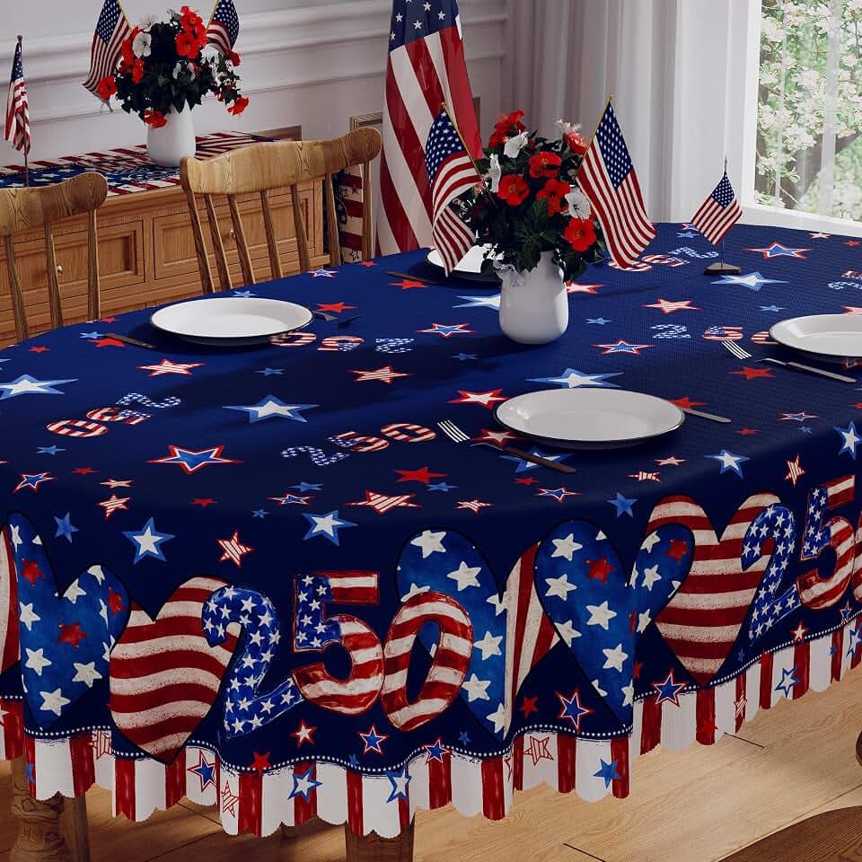 4th of July Tablecloth Oval 60x84 Inch, 250 Anniversary USA Merchandise Patriotic Decorations Washable Blue Red America Heart Stars Memorial Day Table Cloth Waterproof Scalloped Edge Table Cover