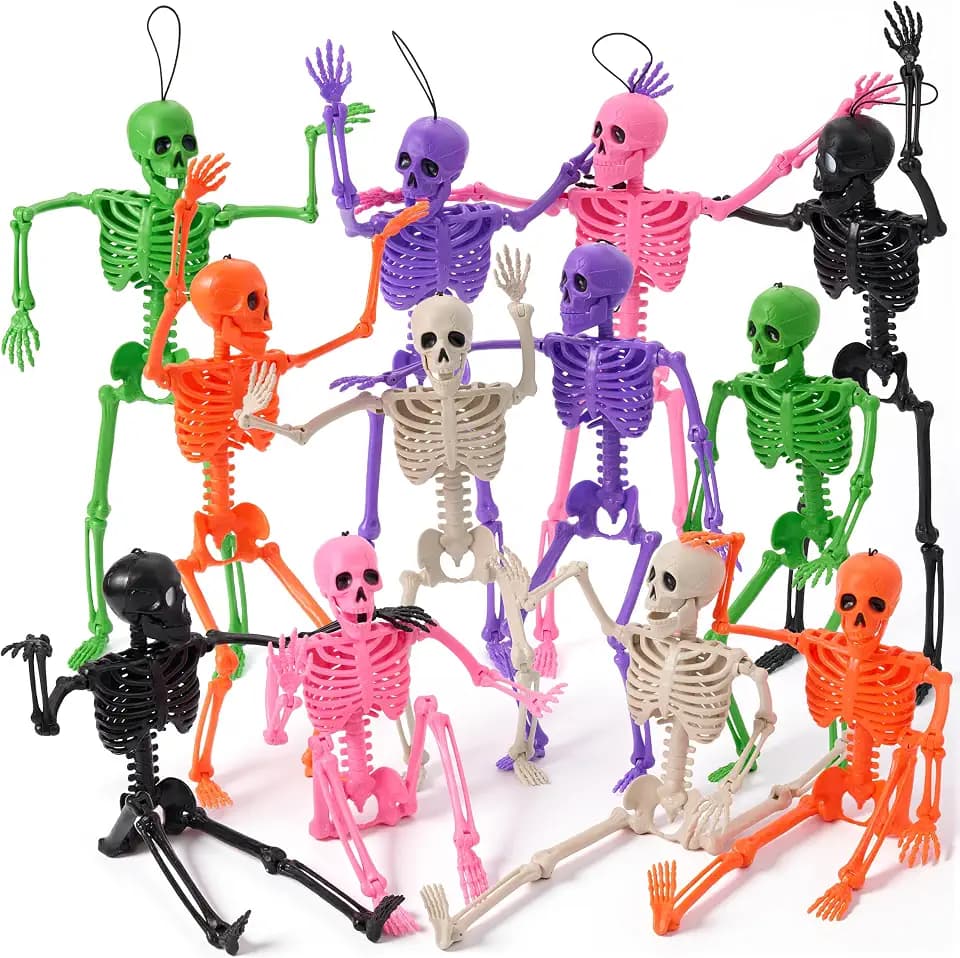 JOYIN 12 PCS Posable Halloween Skeleton Decor 16 Inches, Full Body Posable Joints Hanging Skeletons for Halloween Decorations, Graveyard Props, Haunted House Accessories, Spooky Scene Party Favors